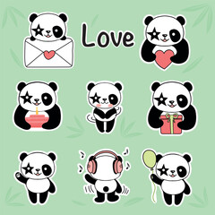 Cute panda stickers for Valentine's Day. The concept of love. Illustration on a green background