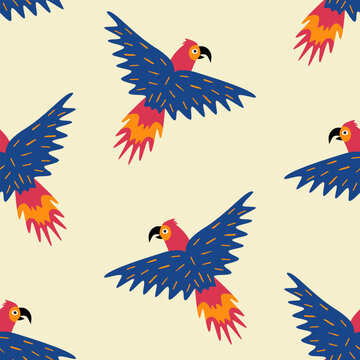 Colorful flying parrots hand drawn vector illustration. Adorable jungle macaw bird in flat style seamless pattern for kids fabric or wallpaper.