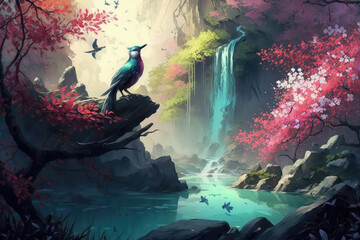 illustration painting of Oriental background, digital art. Illustration of a dawn mountain fantastic landscape with waterfalls and blooming sakura (ai generated) - obrazy, fototapety, plakaty