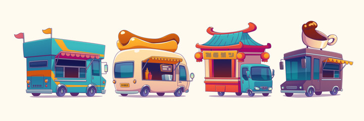 Naklejka na ściany i meble Set of street food trucks isolated on background. Vector contemporary illustration of ice cream, hot dog, asian cuisine, coffee and snacks vans. Restaurant on wheels. Meal delivery, catering service