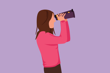 Cartoon flat style drawing side view of young woman looking in distance with binoculars. Enjoy beauty nature as far as the eye can see. Find something interesting. Graphic design vector illustration