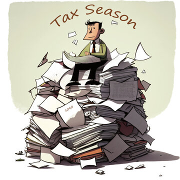 Tax Season With Accountant Sitting On Stack Of Papers And Tax Forms, Form 1040.  Generative AI.
