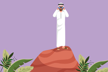 Cartoon flat style drawing Arab businessman standing on hill while looking landscape with binoculars. Leadership, strategy, mission, objectives. Business metaphor. Graphic design vector illustration