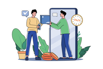 The man receives the goods from the delivery man through the phone screen