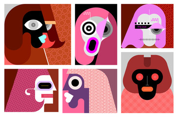 Pop art design of five different people portraits graphic illustration. 