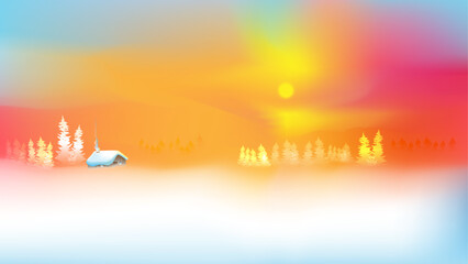 winter landscape vector illustration. sunset gradient color transitions