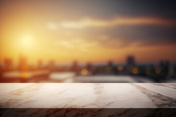Marble surface product display, rooftop penthouse bar copy space, blurred skyline sunset background, bokeh light