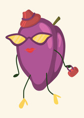 Plum in fashionable glasses and with a handbag. Plum beauty goes shopping