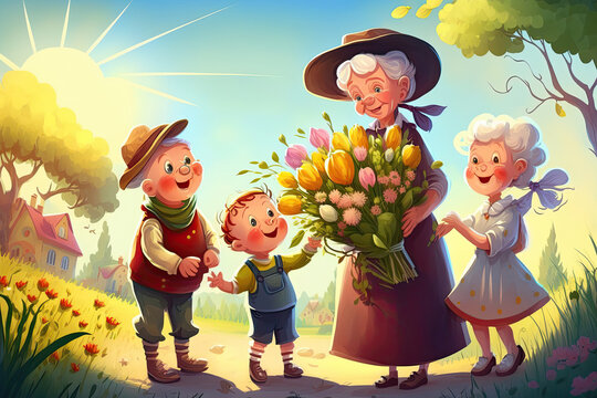 grandchildren give grandma a bouquet of flowers on a spring holiday in nature. Generative AI