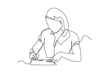 Single one line drawing happy business woman hand holding pen and filling tax form. Tax concept. Continuous line draw design graphic vector illustration.