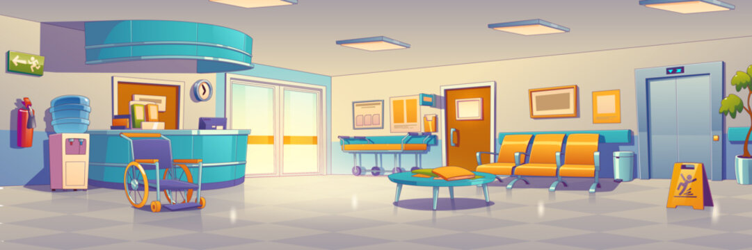 Hospital or medical clinic hall interior with reception counter, chairs, elevator doors, wheelchair, gurney and water cooler. Empty hospital corridor, vector illustration in contemporary style