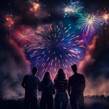 Happiness of a group while fireworks coloring the sky.  a magical moment on a special event created by generative ai