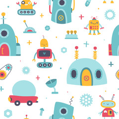 Naklejka premium Cute pattern with funny robots town for kids. Naive seamless vector print with robo city for baby boys.