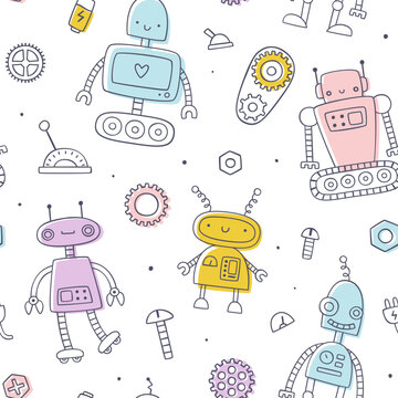 Cute doodle robot pattern. Seamless vector naive robots print for baby textile and fabric.