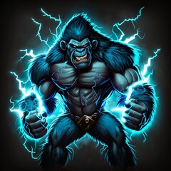 Mascot logo of an angry electro gorilla with neon electric lights. Generative AI