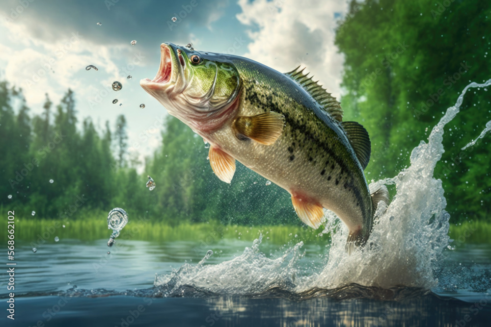 Wall mural largemouth bass jumping out of water created with generative ai technology, ai, generative - Wall murals