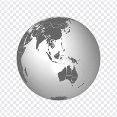 Globe of Earth with borders of all countries. 3d icon Globe in gray. High quality world map in gray. South Asia, Australia with all states, New Zealand.  EPS10. 