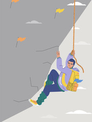 Man climbs a rope on a rock. Rock climber. Tourist with a backpack climbs a rock. Flat vector illustration, eps 10