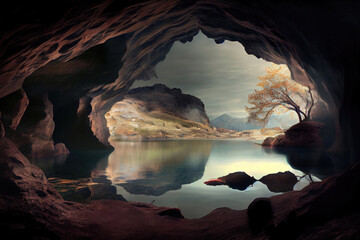 dreamlike cave lake, unique panorama