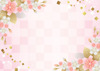 対角紅白梅と市松模様地の和背景ヨコピンク