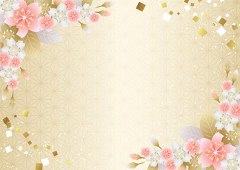 Fototapeta premium 対角紅白梅と麻の葉模様地の和背景ヨコ金