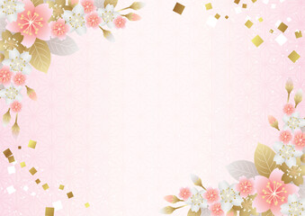 Fototapeta premium 対角紅白梅と麻の葉模様地の和背景ヨコピンク