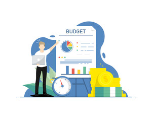 Planning budget concept, Human standing with money cash, Digital marketing illustration.