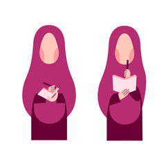 Set Of Hijab Woman Writing Character