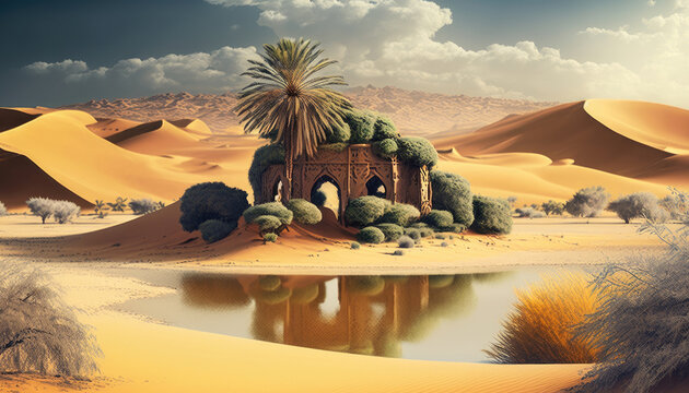 oasis in the desert, sahara dunes, old building, fata morgana