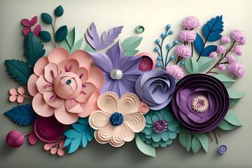 3D floral craft purple, rose, pink and blue flowers in light background made with Generative AI