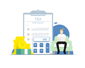 Personal tax calculate concept, Human sitting on chair with financial document information, Digital marketing illustration.