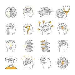 Neurology line icons, such as intervertebral hernia, hernia, insomnia, memory impairment and more. Editable stroke.