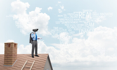 Concept of home security and privacy protection with camera headed man