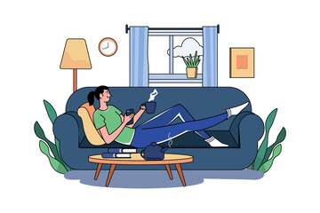 Obraz premium Girl heaving Coffee and relaxing on the sofa