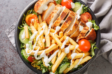 Pittsburgh steak salad consists of a bed of lettuce that's topped with tomatoes, cucumbers, a piece of grilled chicken, and crispy french fries closeup on the bowl. Horizontal top view from above