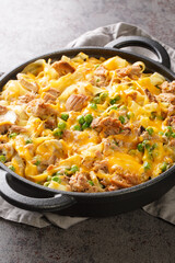 Tuna casserole with noodles, green peas, mushrooms and cheddar cheese close-up in a baking dish on the table. Vertical