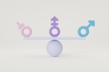 Gender equality concept, Gender diversity on the same standard, Human rights and parity, Freedom of self, Man with woman and LGBTQ symbol on a balanced seesaw, 3d rendering, 3d illustration