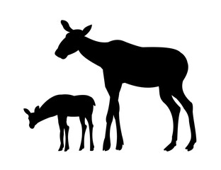 Obraz na płótnie Canvas Silhouette picture. Animals in wild. Vector. Moose female with cub Elk. Isolated on white background. Vector.