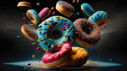 Flying multicolour donut dessert sprinkled with meises sugar, soft dough, eat in the morning, sweet taste, beautiful color, can be eaten as a snack, isolated on blurred dark background. generative ai
