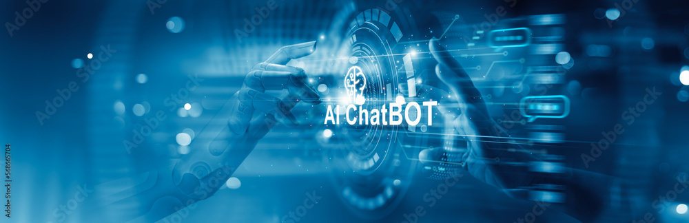 Aufkleber Chatbot, AI or Artificial Intelligence, Machine learning, Hands of robot and human touching on data global network connection cyber. Smart AI. Innovation. Science and technology.