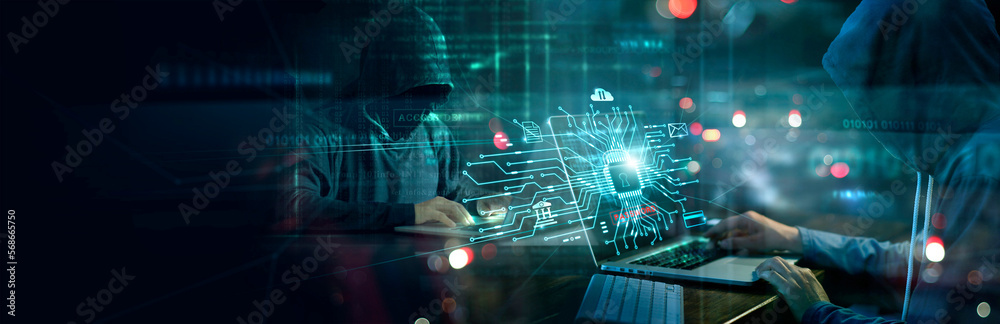 Poster Hacker breaking into security network system stealing user personal data and financial information. Cyber crime attack, fraud and malware threat in digital transaction against business data protection
