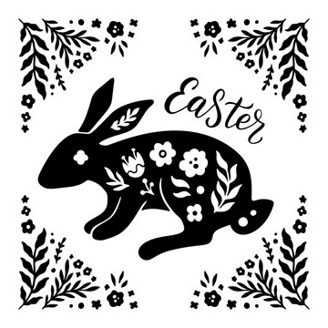 Happy Easter Vector Background with Rabbit. Spring Greeting Card with Floral Bunny and Lettering. Vector Illustration of Flower Frame and Folk Style Rabbit. Linocut Easter Design for Print, Banner.