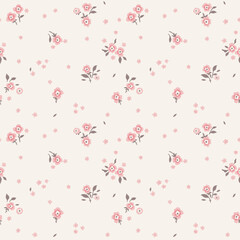 A pattern of small pink flowers on a light background. Graphic print, floral illustration, floral vector, vector floral pattern. Cute aesthetic composition for wallpaper, print, poster, postcard.