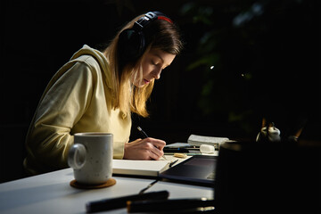 Focused woman in casual clothes wearing headphones looking at laptop screen and drawing...