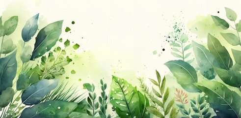 Green leaf empty banner template, green natural watercolor painting banner template perfect for packaging background, standing banner, banner, and any other generative ai