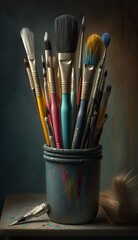 pot of brushes on an artists desk 