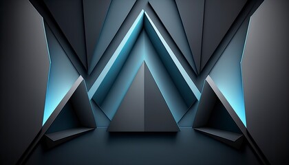 Original widescreen background image in minimalistic design with geometric shapes of light and shadow, grey-blue neon glowing texture