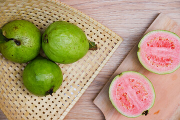 fresh guava fruit and guava juice served on the table
