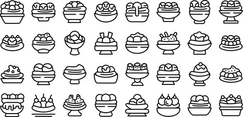 Banana split icons set outline vector. Cream calories. American dessert