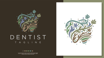 Decorative floral leaf dental tooth logo design template